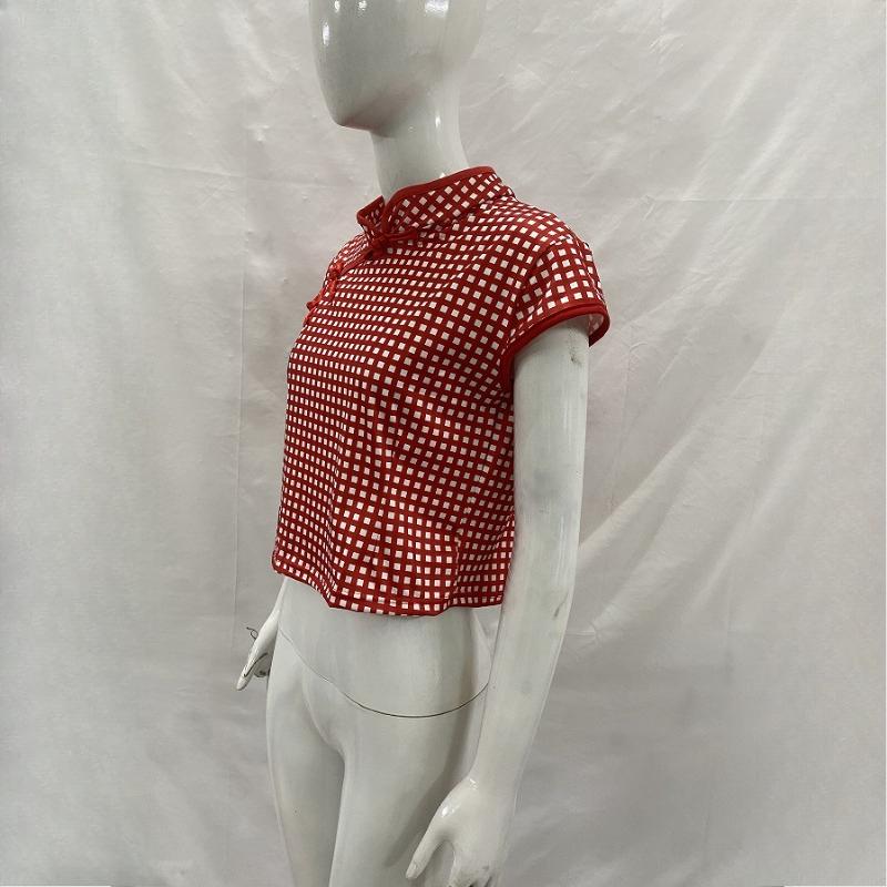 Retro Red Grid Small Fresh Women's Summer Stand Up Collar Buckle Short Sleeved Slim Fit T-shirt