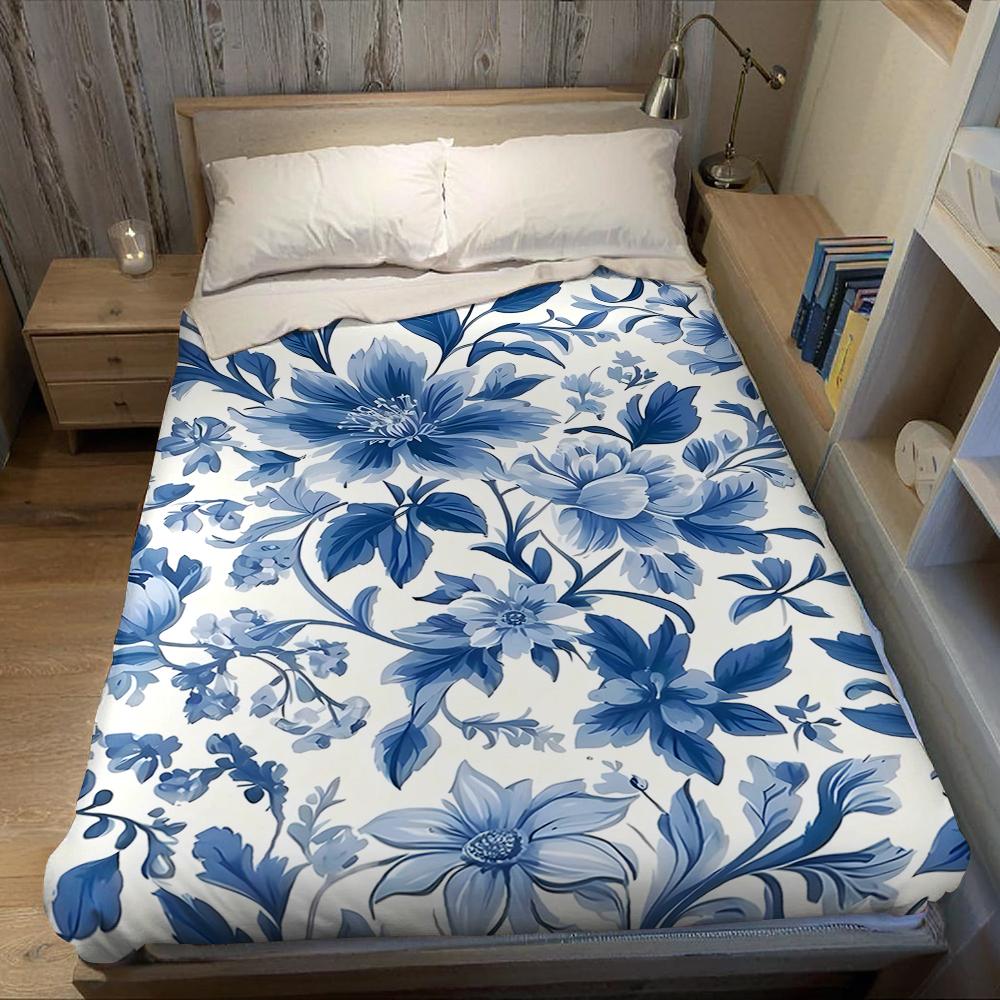 Blue Floral Porcelain - Style Flannel Blanket Warm Soft Halloween Christmas Couch Warm Cozy Decorative Decor Gift for All Season