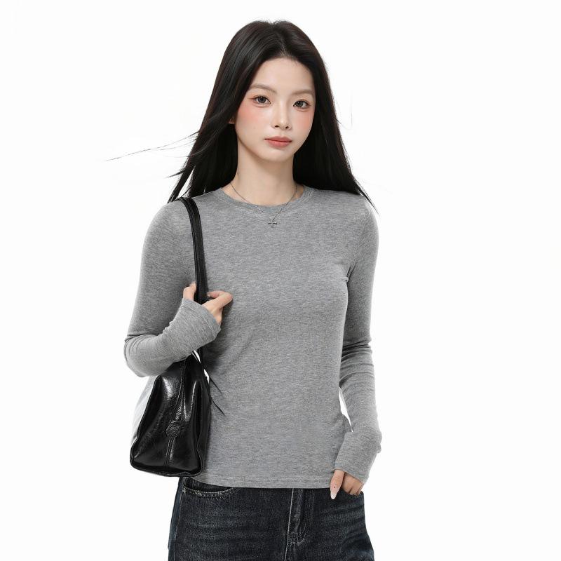 Women's Gray Slim-Fit Long-Sleeve T-Shirt: Korean Style, Autumn/Winter Base Layer