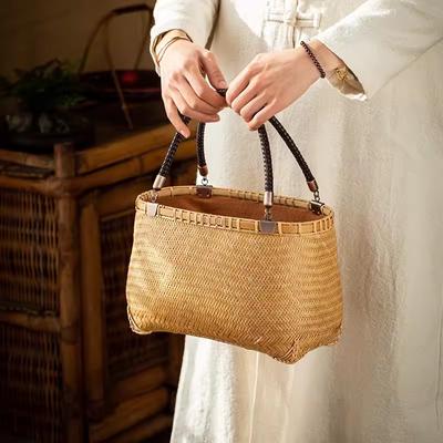 Japanese-Style Bamboo Woven Storage Bags, Handmade Retro Basket, Chinese Style Teacup Teapot Bags, Travel and Outdoor Tea Cozies