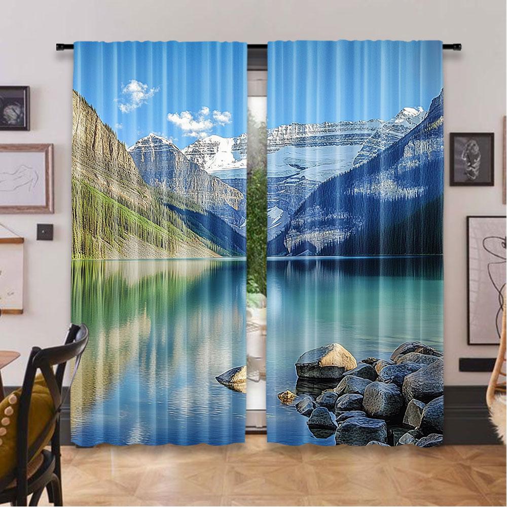 2Pcs Landscape Curtain Lake Louise Banff National Park Canada Lakeside Rocks Clear Water Scenic For Living Room Bedroom Kitchen