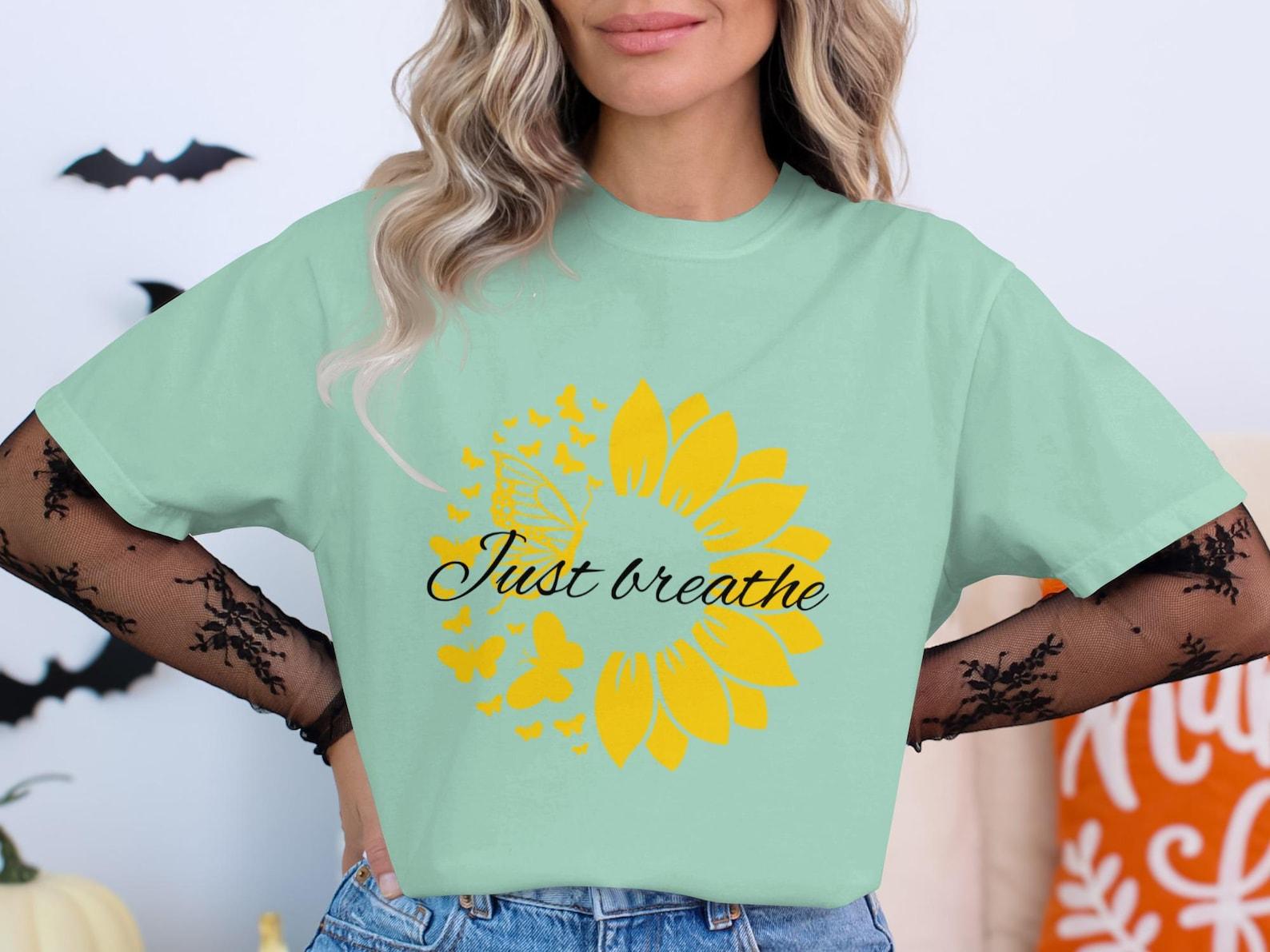 Just Breathe Sunflower Butterfly T-Shirt, Inspirational Mental Health Awareness Tee M