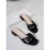 Square head medium heel slippers women's summer new leather cross thick heel open toe large size cool slippers women