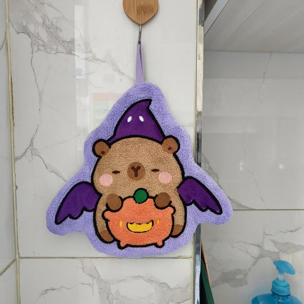 New Halloween Kapibara Hand Towel Hanging Type Home Kitchen Bathroom Coral Fleece Soft Water Absorption Quick Drying