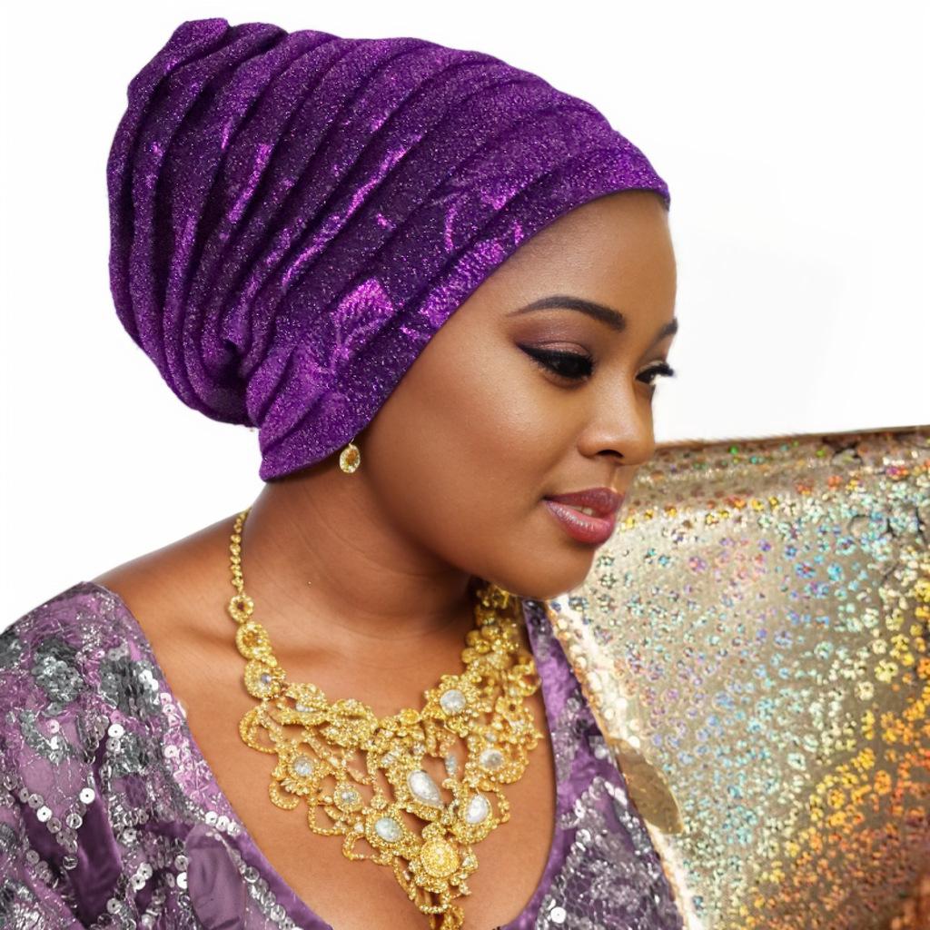 Glitter Pleated Women's Head Wraps Bonnet African Turban Cap Muslim Headscarf Bonnet Turbante mujer