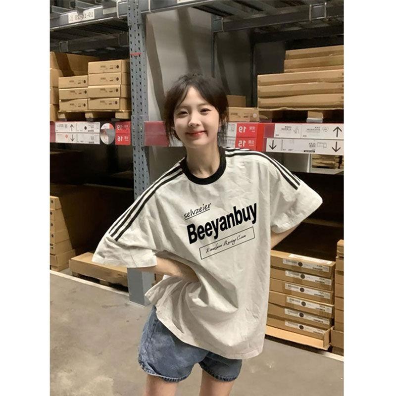 

Women s three-stripe short-sleeved t-shirt, new summer style, round neck top 3XL білий