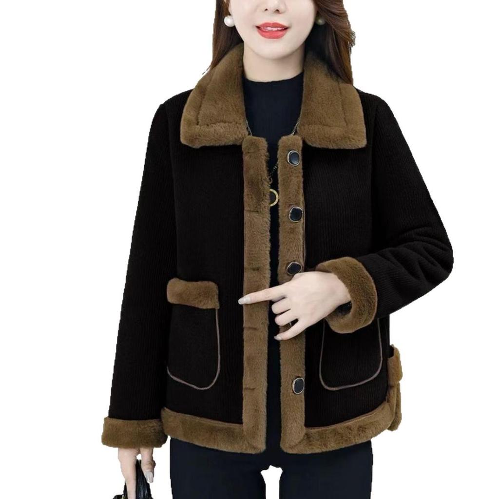 Fashionable Mid-Aged Women's Corduroy Jacket with Velvet Lining - Autumn/Winter Versatile Warm Cardigan
