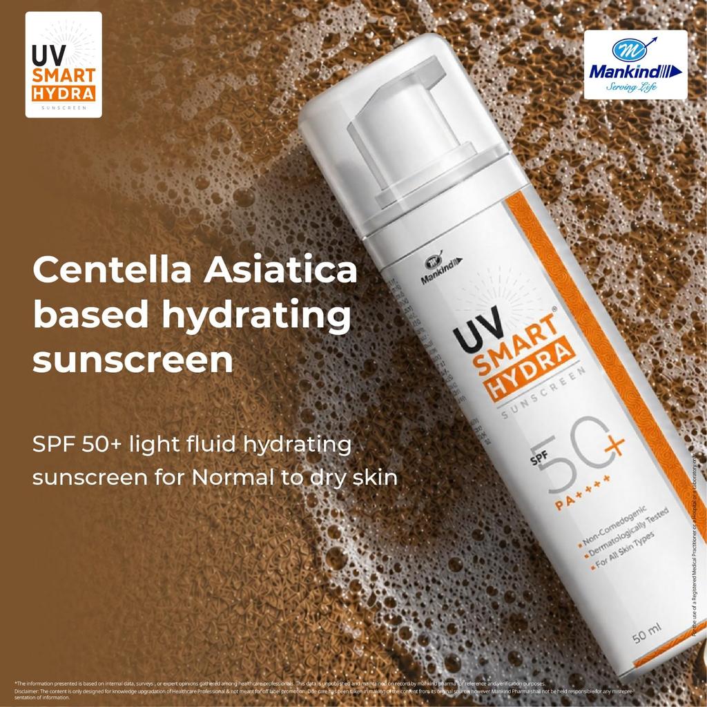 Mankind UV Smart Hydra Sunscreen SPF 50+ PA++++ | Non-Comedogenic, Dermatologically Tested, Hydrating Formula | For All Skin Types | 50 ml