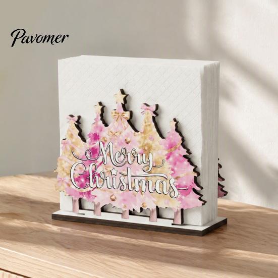 Kitchen Bar Counter Decoration Wooden Christmas Napkin Holder, Gnome/Christmas Tree/Snowman Shape, Pink Solid Wood Dispenser Stable Organizer