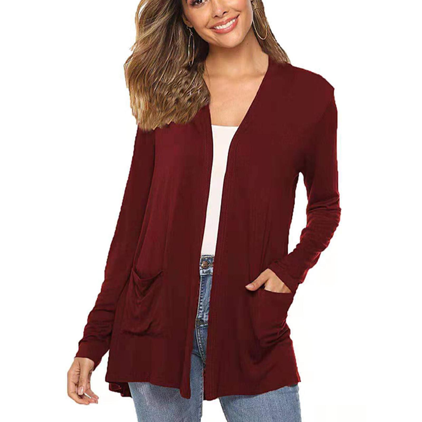 

Женская модная свободная повседневная однотонная куртка-кардиган с карманами и верхом M винный