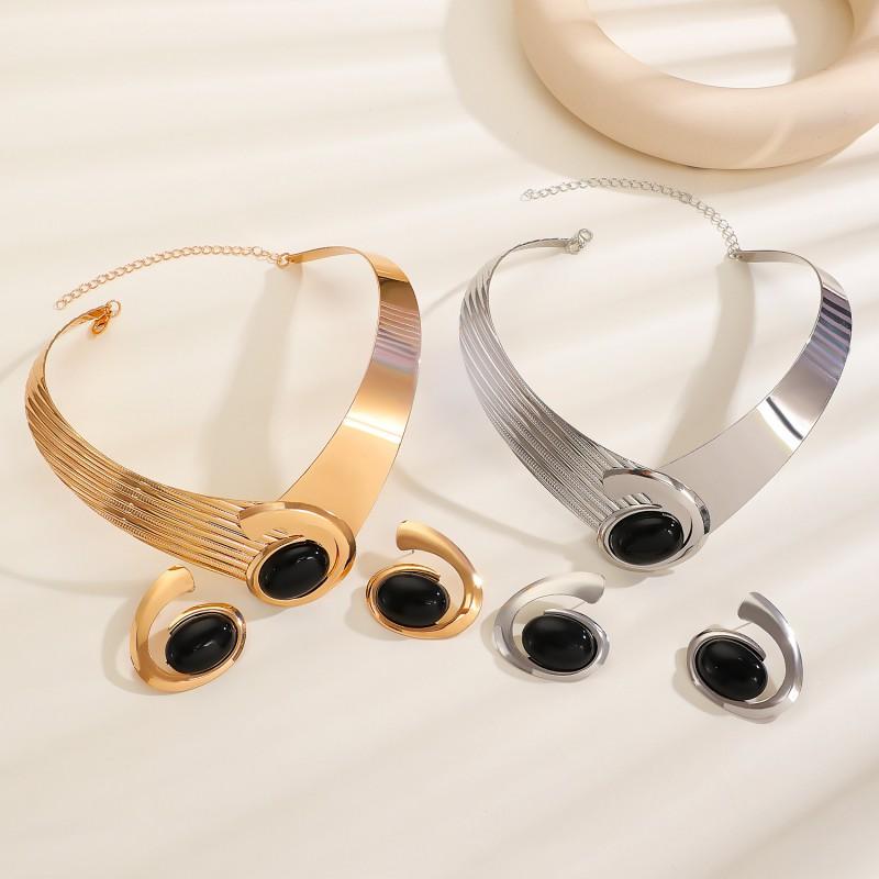 Womens Geometric Oval Spiral Statement Jewelry Set Necklace Earrings Bracelet Ring Trendy Fashion Accessories