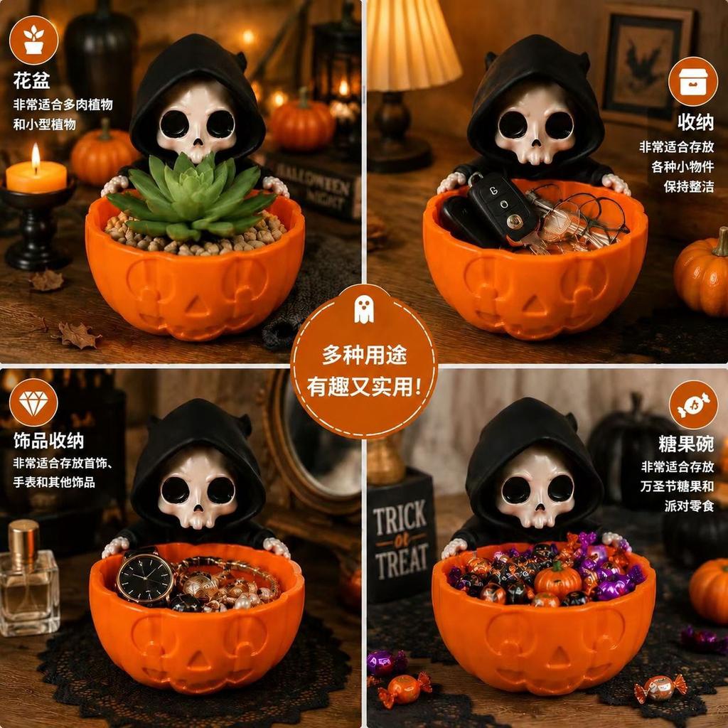 3D-gedruckter Halloween-Sensenmann Süßigkeitenschale Kürbis Snackhalter Partydekoration Orange