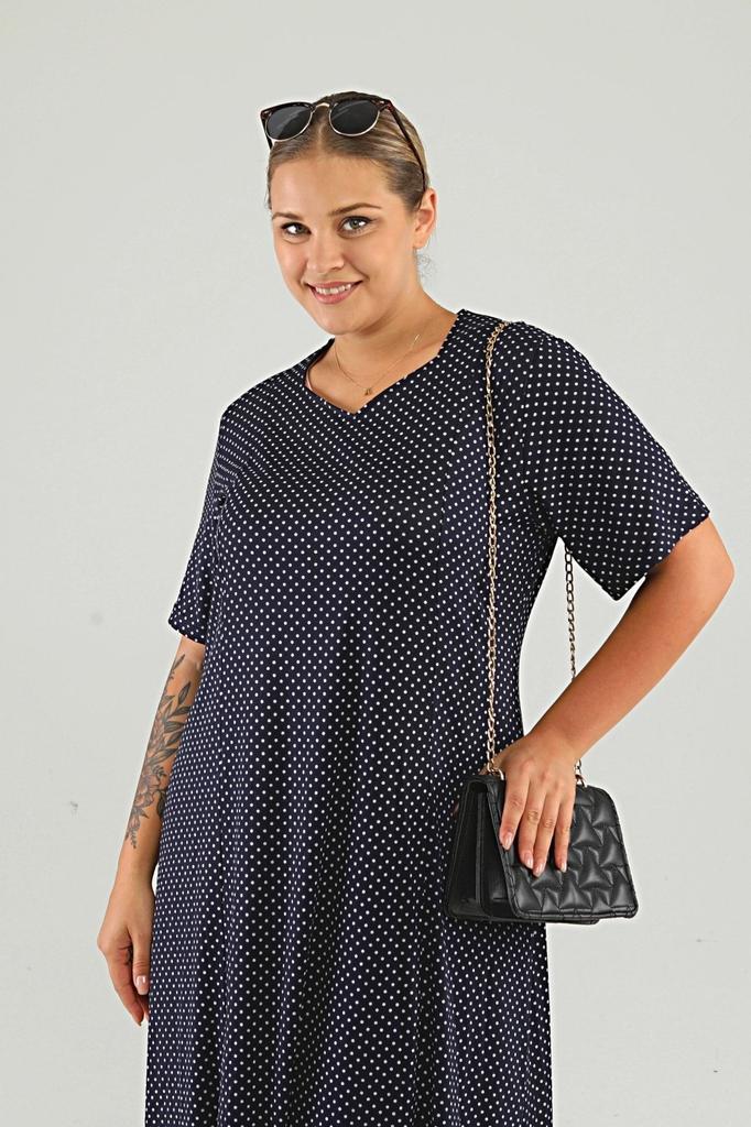 Women's Big Size Dress Midi Plus Size Dress Navy Blue with Polka Dots and Leopard Pattern