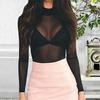 Womens See Through Long Sleeve High Neck Arm Shaper Top Mesh Blouse Casual T-Shirt