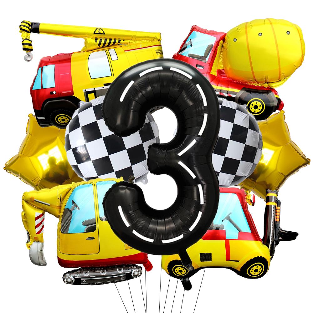 9 Pcs 1set Engineering Theme Foil Balloons With 40Inch Number Birthday Party Ballon Construction Vehicle Tractor Car Balloons