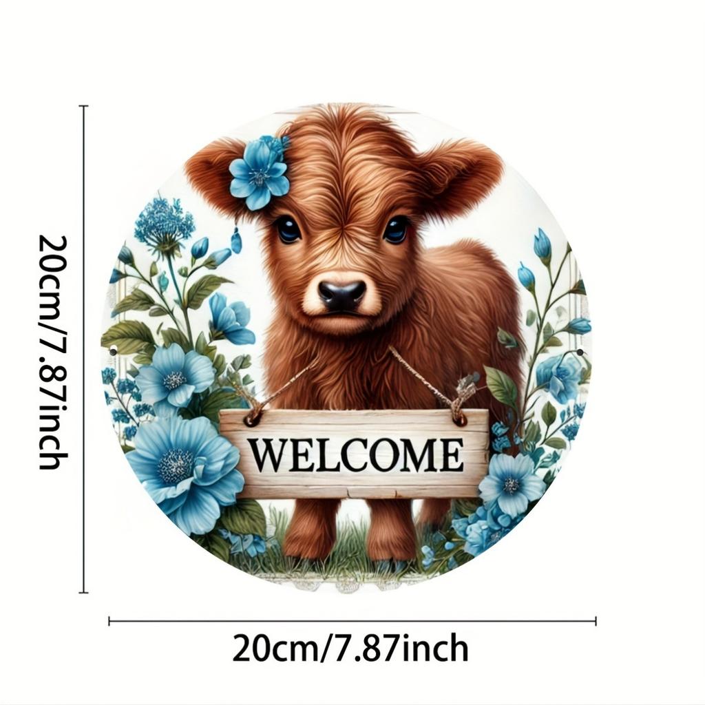 Wooden Charming Highland Cow and Blue Wildflowers 8X8 Inch Wooden Sign - UV Resistant and Scratch Resistant, for Door, Wall, Home, Room, Farmhouse