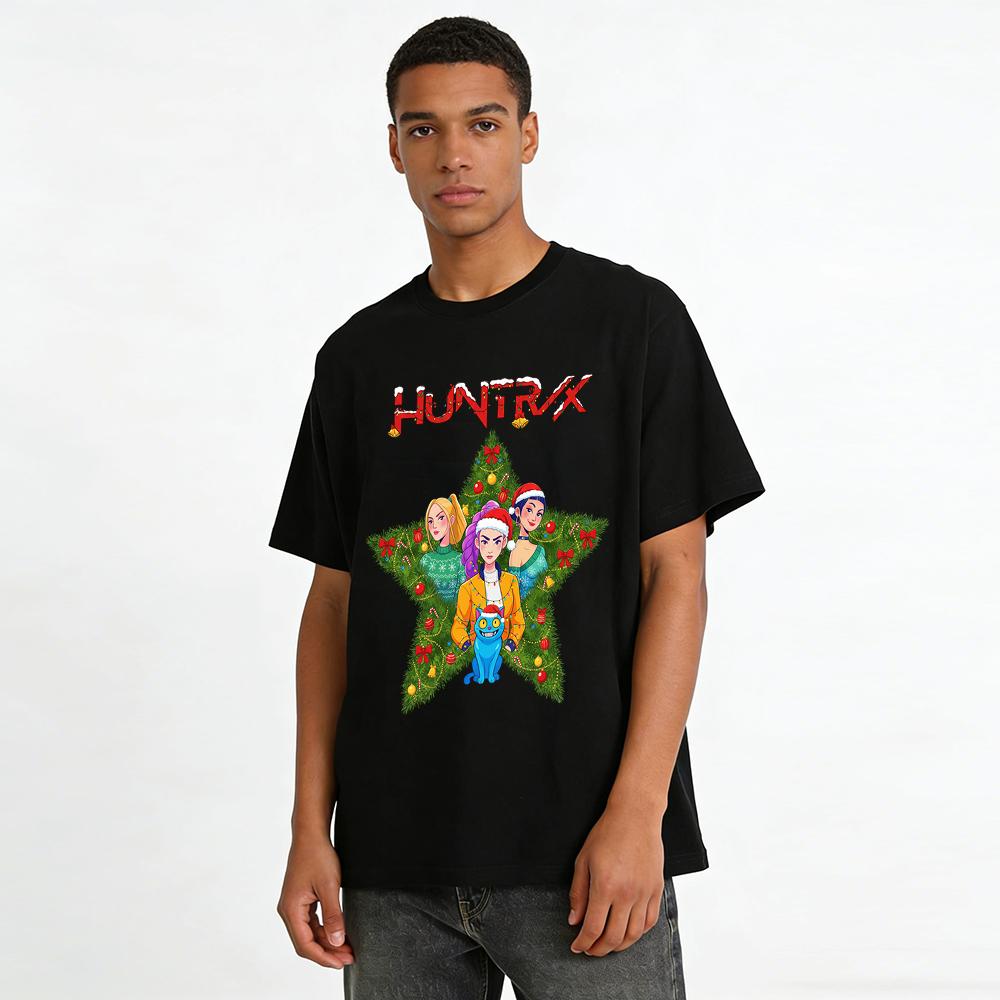 Christmas Limited HUNTRX Star Christmas Tree Sweatshirt Trendy Cartoon Character Print Top Pure Cotton T-shirt