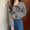 Houndstooth Doll Collar Shirt for Women Spring New Design Niche Shirt Long-sleeved Retro Short Top