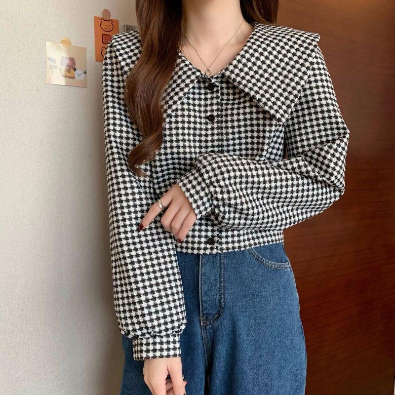 Houndstooth Doll Collar Shirt for Women Spring New Design Niche Shirt Long-sleeved Retro Short Top