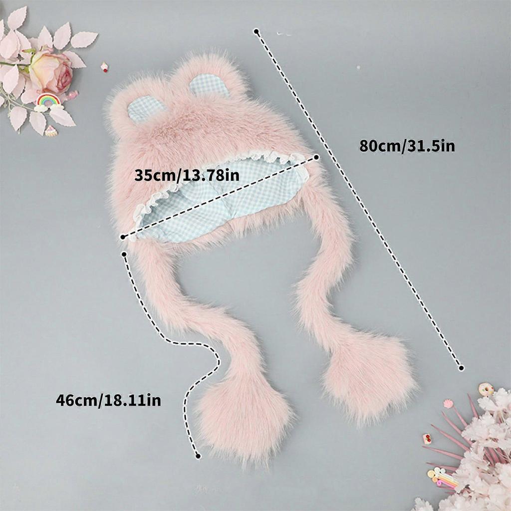 Lovely Rabbits Ear Hat for Teens Furry Plush Trapper Hat for Women Outdoor Headwear Camping Walking Coldproof Earflap Caps  Pink