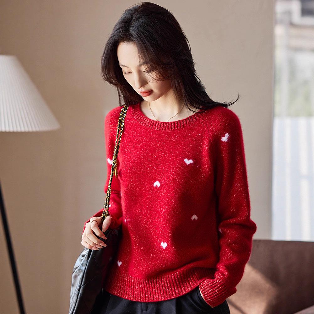 Women's Heathered Wool Heart Jacquard Knit Pullover - Autumn/Winter