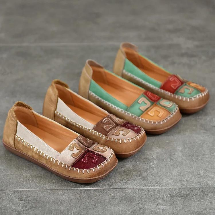 Johnature Vintage Mieszane Kolory Ręcznie Robione Damskie Buty Miękka Podeszwa Płytkie Prawdziwej Skóry Kwadratowe Noski Płaskie Buty
