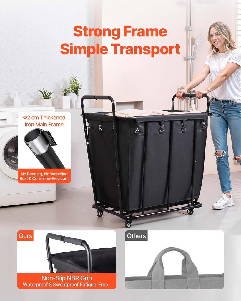 Laundry Cart, Rolling Grocery Utility Cart with Waterproof Liner & Swivel Wheels, 118 KG Large Load Capacity, Heavy Duty Shopping Basket for Laundry,