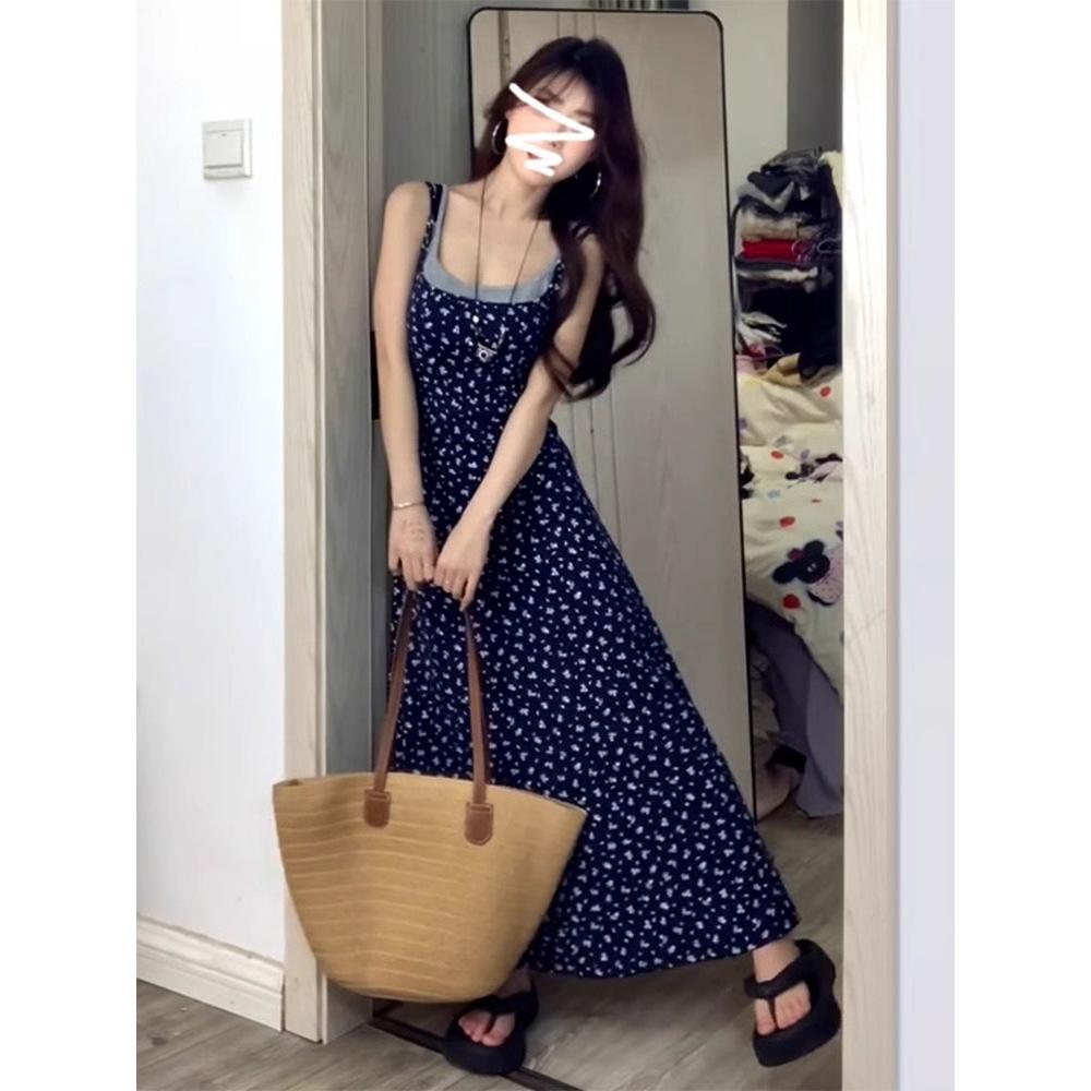 Fake two-piece sleeveless suspender floral dress women's summer new seaside vacation high-end long dress