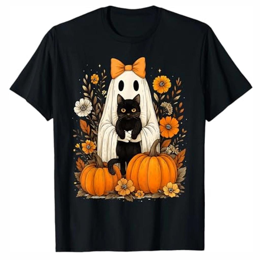 Vintage Halloween Ghost Holding Black Cat Groovy Floral T-Shirt S-5XL