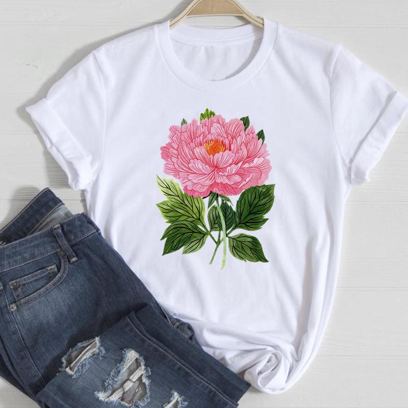 (European Size)90s Fashion Tee Clothing Casual Top Flower Lovely Trend T Shirt Short Sleeve Women Print Lady Female Graphic T-shirt
