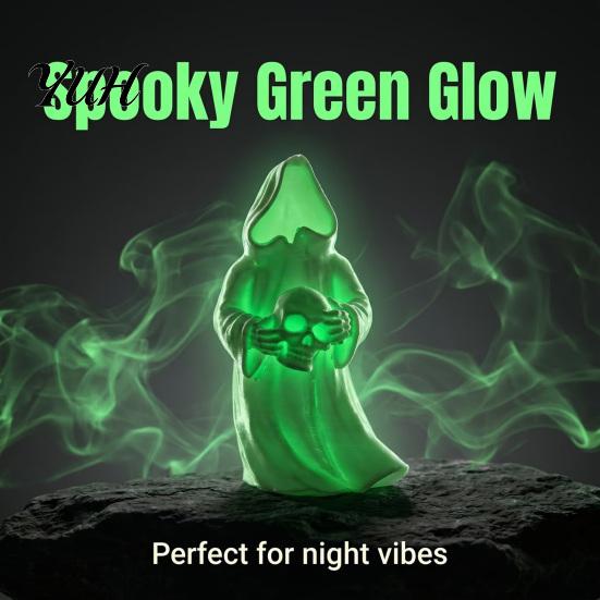 Desktop Scary Decor 3D Printed Glow In The Dark Skull Ornament, Gothic Hooded Ghost Statue Luminous Spooky Figurine for Halloween Decoration,