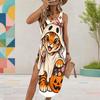 Women Plus Size U Neck Sleeveless Printed Long Tank Dress High Side Slit Curved Hem