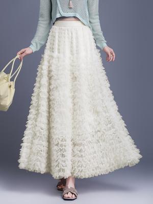 Elegant Mesh Fluffy Cake Skirt - Spring 2026 A-Line Midi with Wide Hem