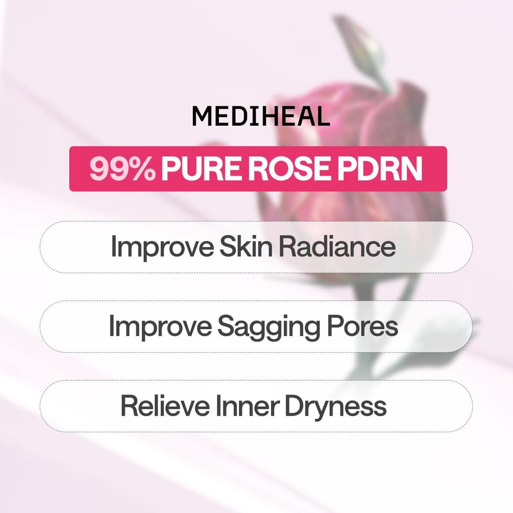 Mediheal Rose PDRN Essential Sheet Mask 10 Pcs. 99% Pure White Rose PDRN & Hyaluronic Acid for Hydrating, Firming, and Enhancing Moisture Barrier