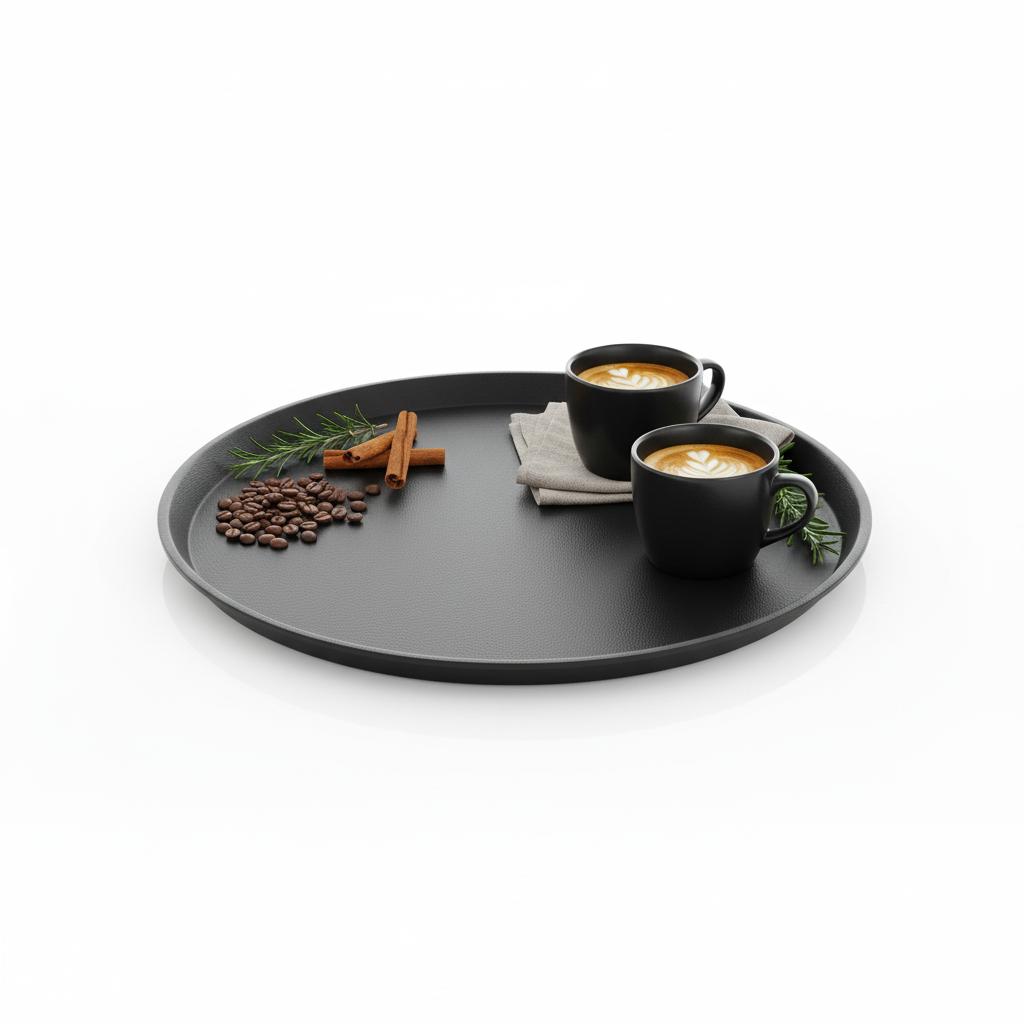 ANTI-SLIP BLACK ROUND KITCHEN SERVING TRAY 36 cm
