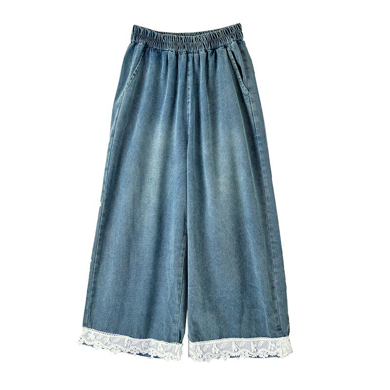 Lace Splicing Wide Leg Jeans Female Loose Plus Size Casual Straight Pants for Women Summer Denim Pants 2025