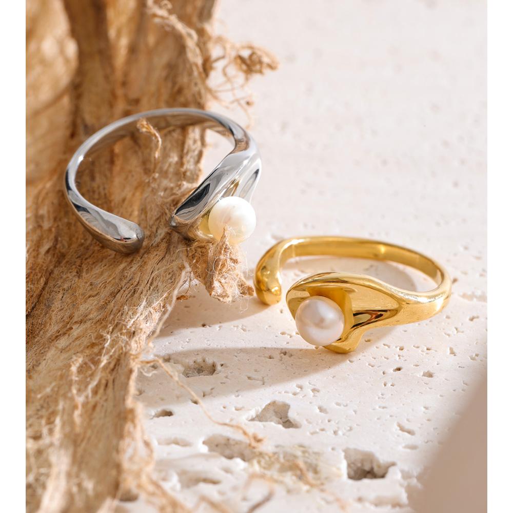 Yhpup New Stainless Steel Imitation Pearl Adjustable Ring Prevent Allergy Metal PVD Plated Chic Fashion Finger Jewelry Recommend