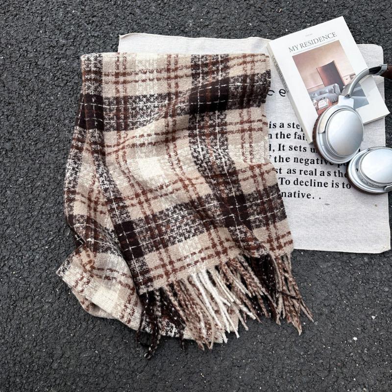 Retro new plaid scarf women's autumn and winter versatile warm thickened imitation cashmere shawl scarf dual-purpose