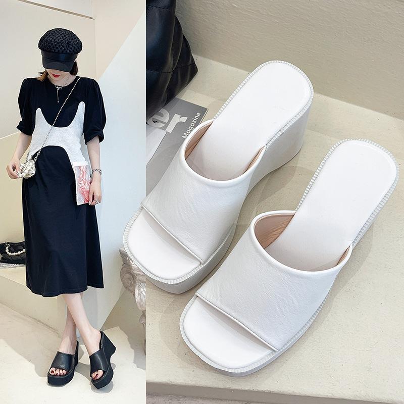Wedge heel slippers women s summer new European and American thick-soled muffins and one-word high-heeled fish mouth sandals 43 белый
