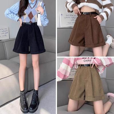 Kadın Yüksek Bel Kadife Şortlar - Sonbahar/Kış, Dar Paça, Geniş Paça, Kore Maillard Modası