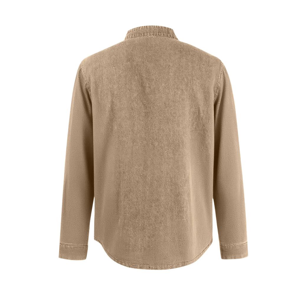 Men's Solid Color T-Shirt Washed Sports Button Pocket Lapel Collar Long Sleeve Tops