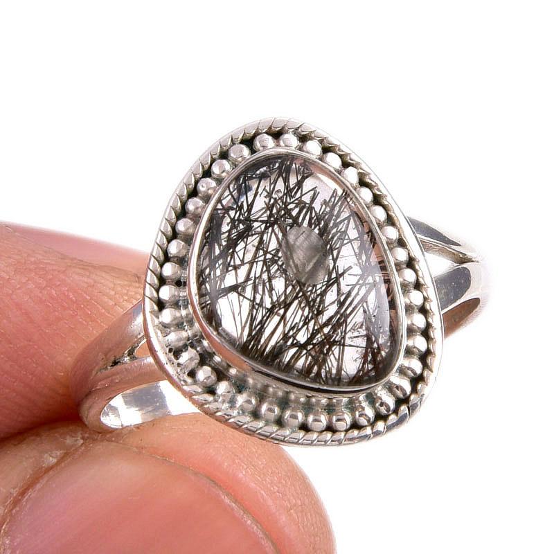 

Natural Black Rutile Gemstone 925 Solid Sterling Silver Jewelry Ring S.8.5 A6k76