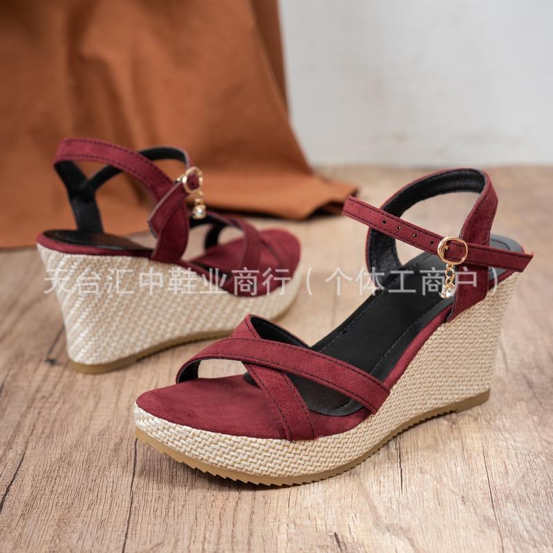 Sandali Zeppa Donna Punta Aperta Cinturino Incrociato Fibbia Suola in Canapa Comfort Casual Calzature Estive