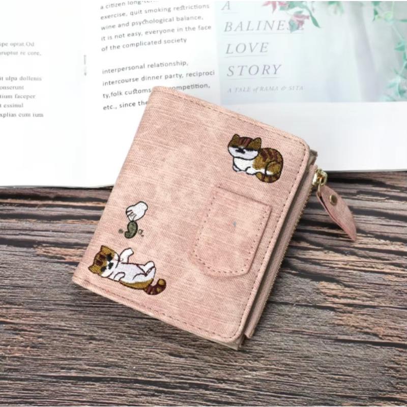 Fashion Cowboy Style Wallet Cat Embroidery Pattern Large Capacity Buckle Phone Pocket Bag Coin Purses for Women Men