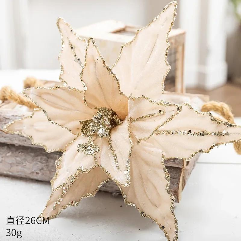 

26cm Velvet Christmas Flower- Gold Sequins Flocked Fabric Artificial Bloom,Christmas Tree Decoration & New Year Hanging Ornament