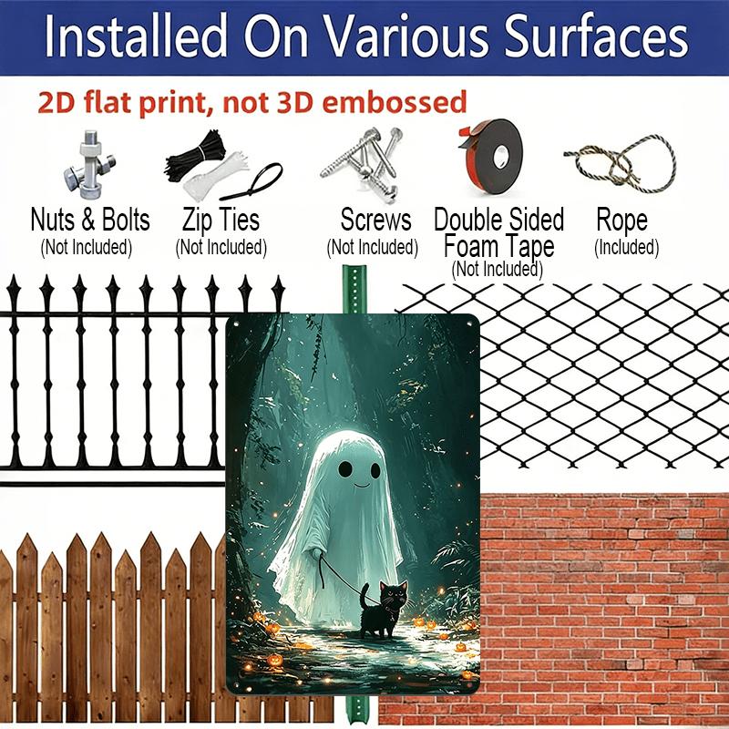2D Flat, 1pc Halloween Cute Ghost & Black Cat Aluminum Sign, Lloween Wall Decor for Haunted House, Party, Home, Bathroom - Spooky Housewarming Gift