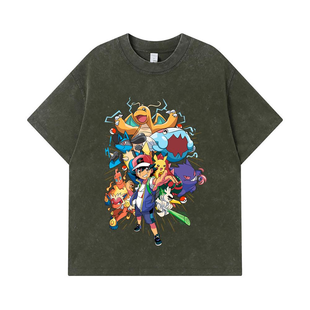 275 GSM Washed T-shirts 100% Cotton Pokemon V20 Print Unisex Heavy Cotton T Shirt
