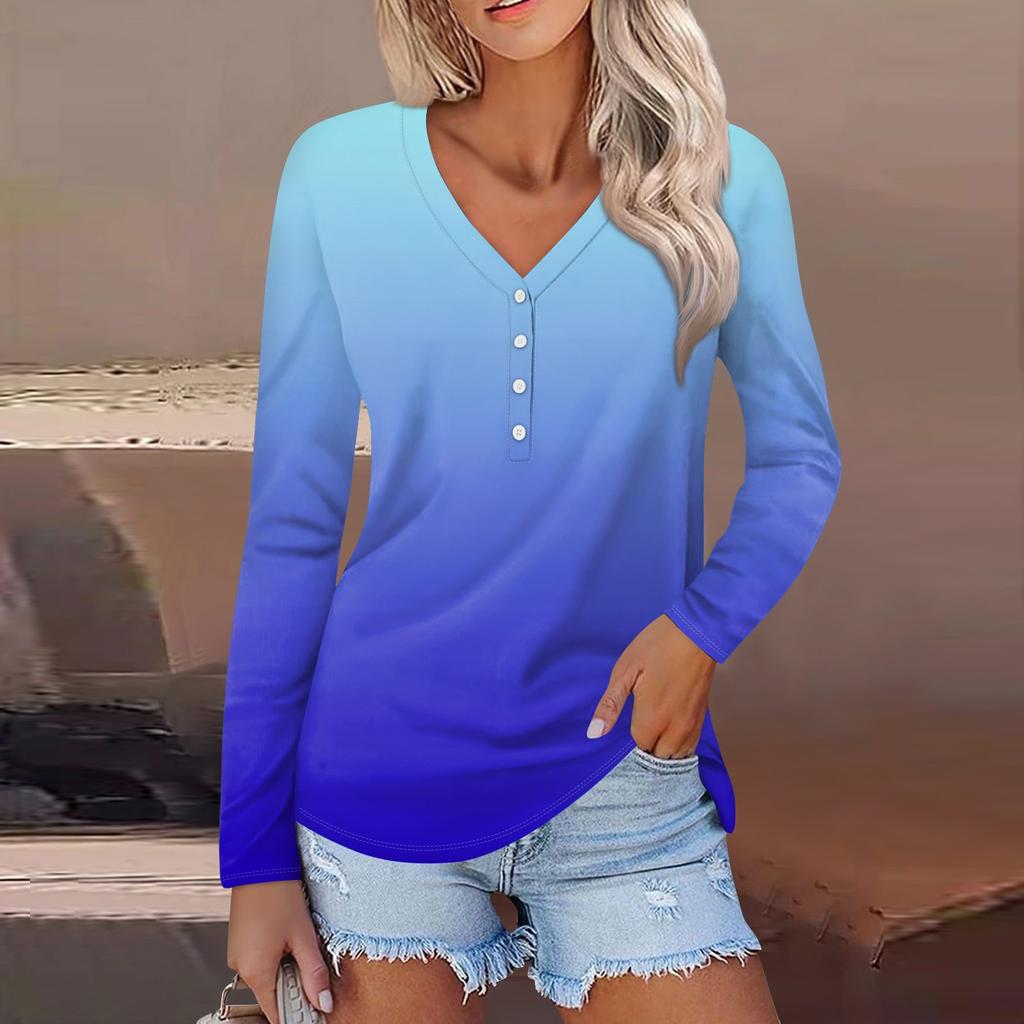 Dámská móda ležérní top s květinovým potiskem s dlouhým rukávem a výstřihem do V