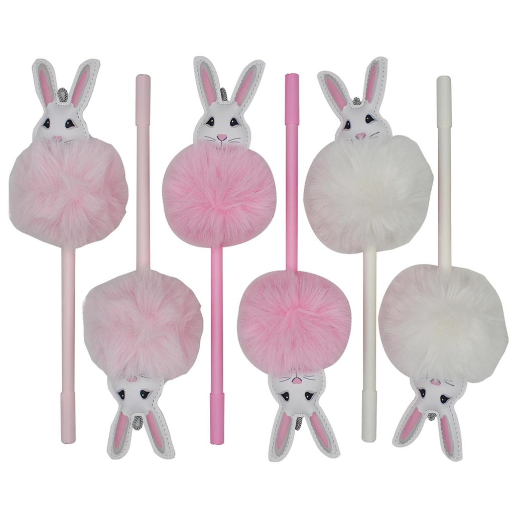 Maydahui Cute Fluffy Stuffed Rabbit Ballpoint Pen Set of 6 Black Ink Stylish Cute Rabbit Animal Gel Pen Stationery Writing Kids Students Office