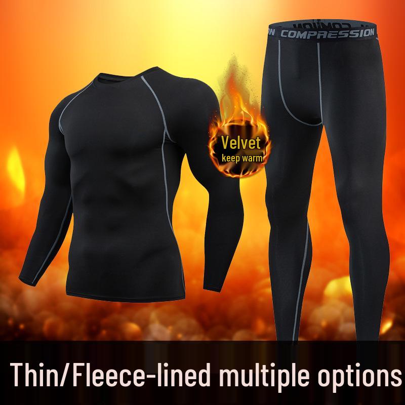 Men's Fleece-Lined Breathable Fitness Set: Warm Base Layer Tights & Long Sleeve Shirt for Running/Basketball